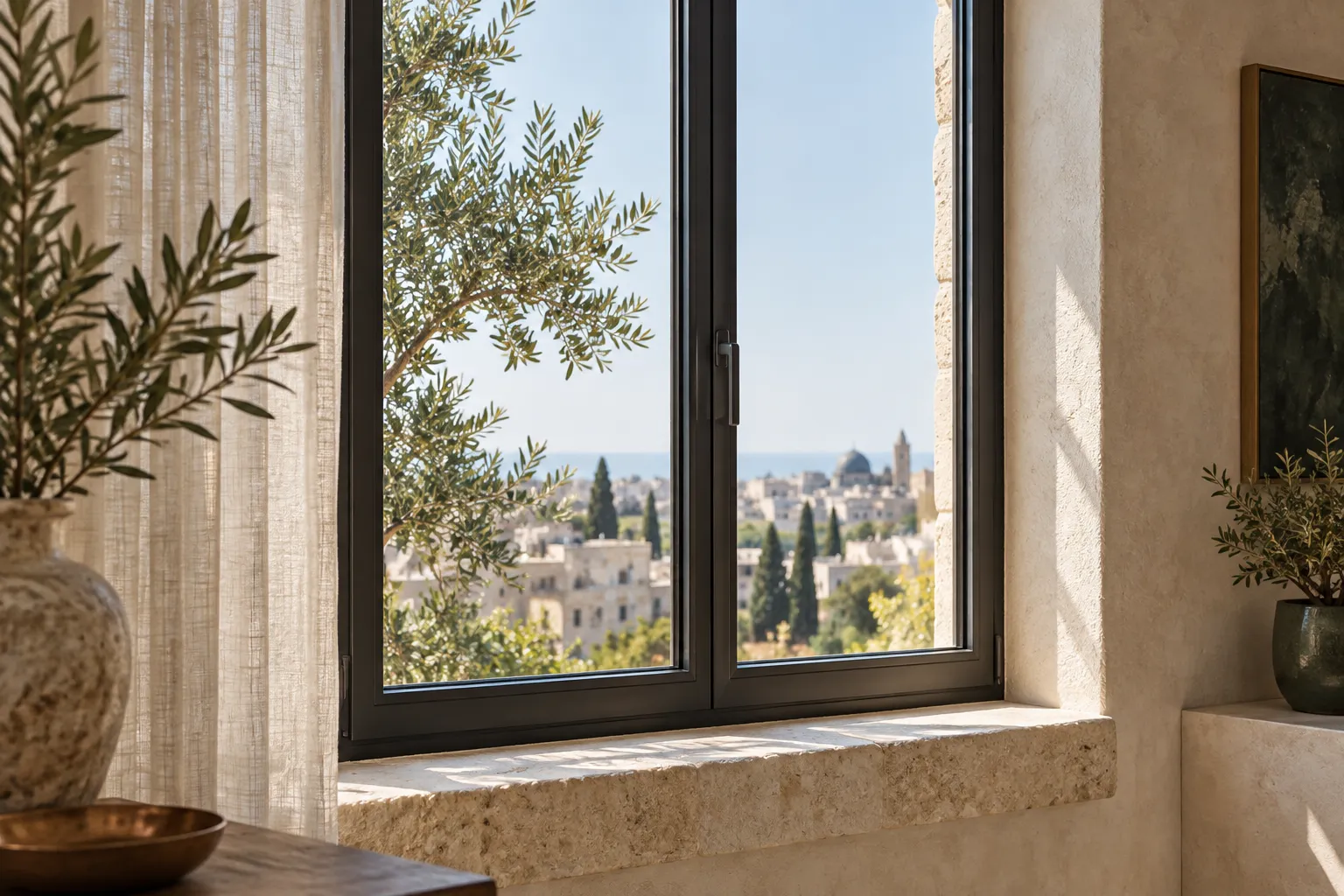 חלון אלומיניום כהה בחדר מואר עם קיר אבן ווילון בהיר